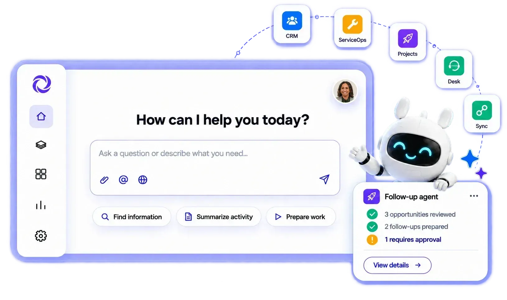 EVOQ AI home screen: ask EVI anything, with EVOQ apps and a follow-up agent working alongside
